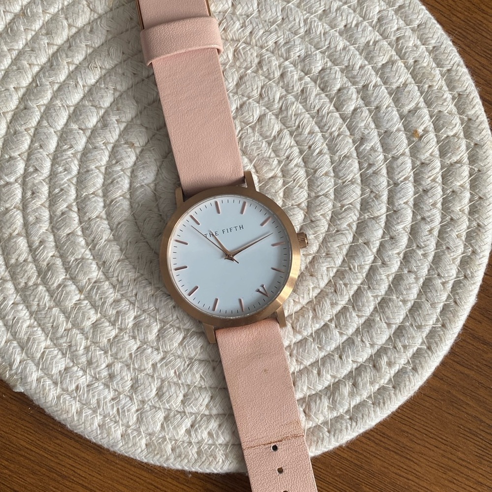 The Fifth rose gold watch with pink leather strap